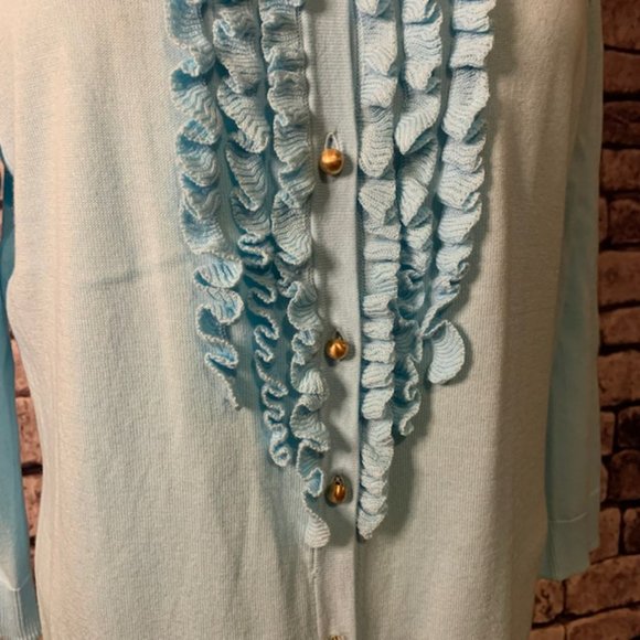 Talbots Aqua 3/4 Sleeve Cardigan W/ Front Ruffle Size Large - Picture 3 of 10
